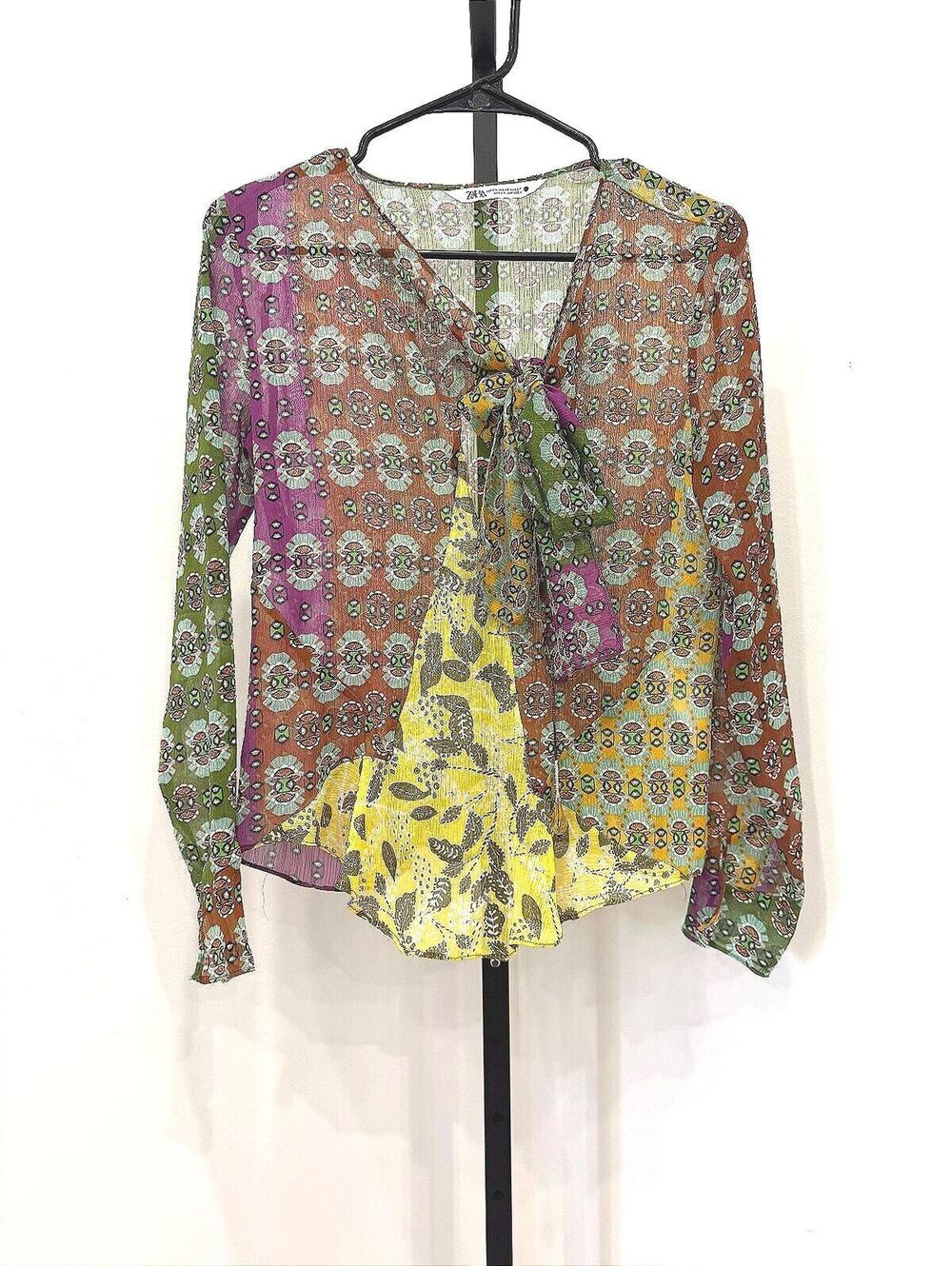 ZARA Multicolor Patterned Sheer Long Sleeve Blouse with Tie Neck Detail XS